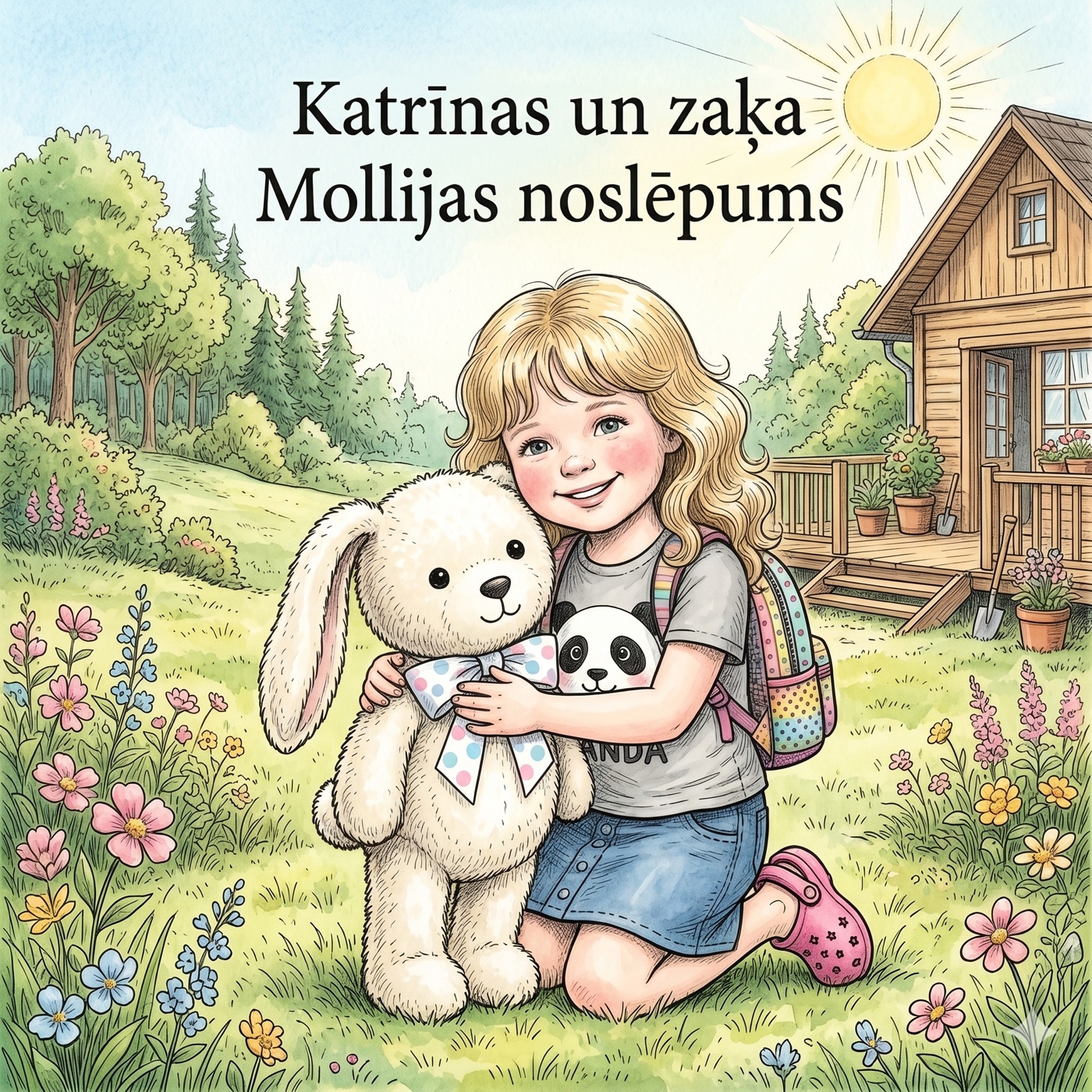 Katrīna un zaķis Mollija ziedošā dārzā